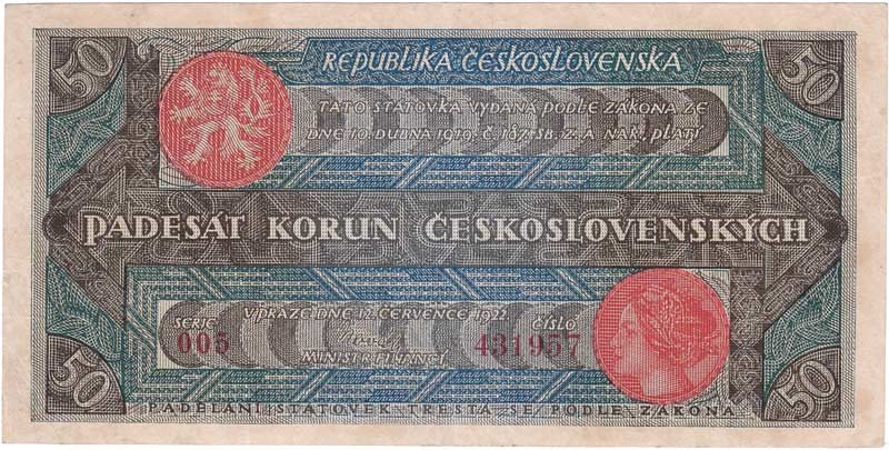 Ke druhé emisi prvorepublikových státovek došlo v roce 1920. Příprava jejich výtvarných návrhů byla velmi rychlá. Na podobě papírových platidel se podíleli různí autoři. Na této František Kysela.